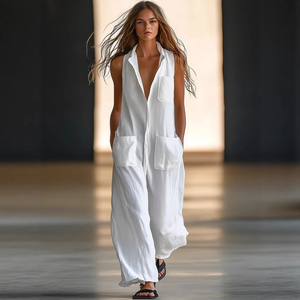 Casual Loose Sleeveless Single-Button Wide-Leg Pants Fashion Cargo Jumpsuit for Women