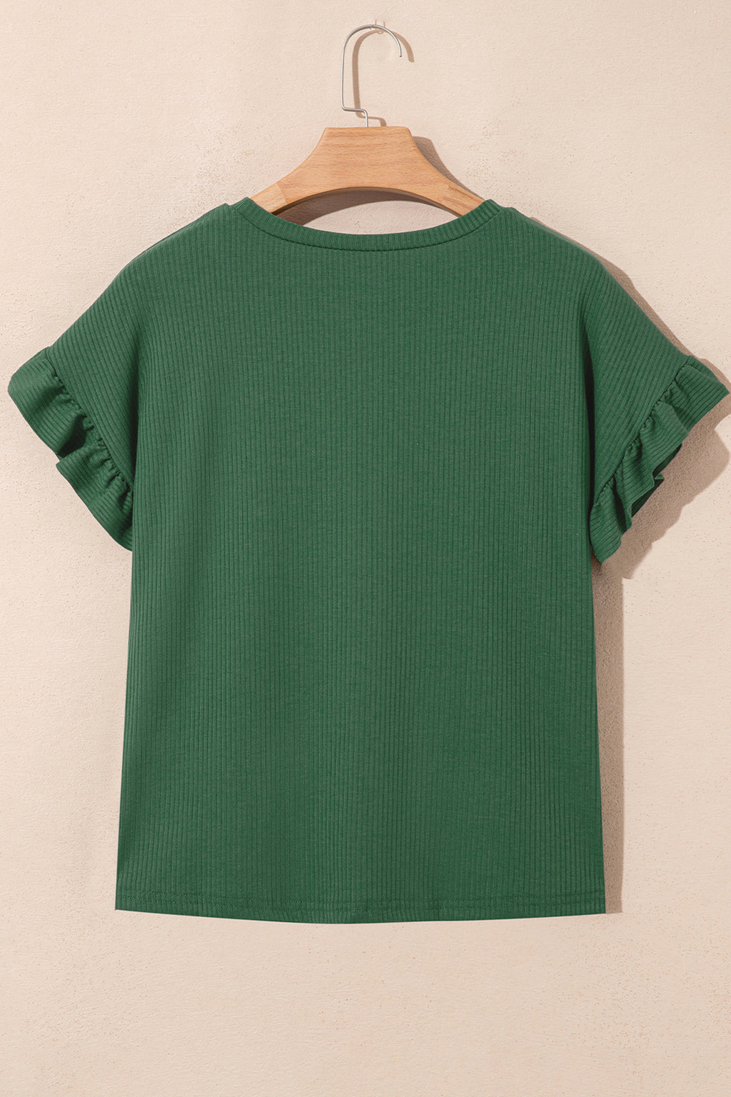 Blackish Green Solid Color Ribbed Ruffled Short Sleeve T Shirt