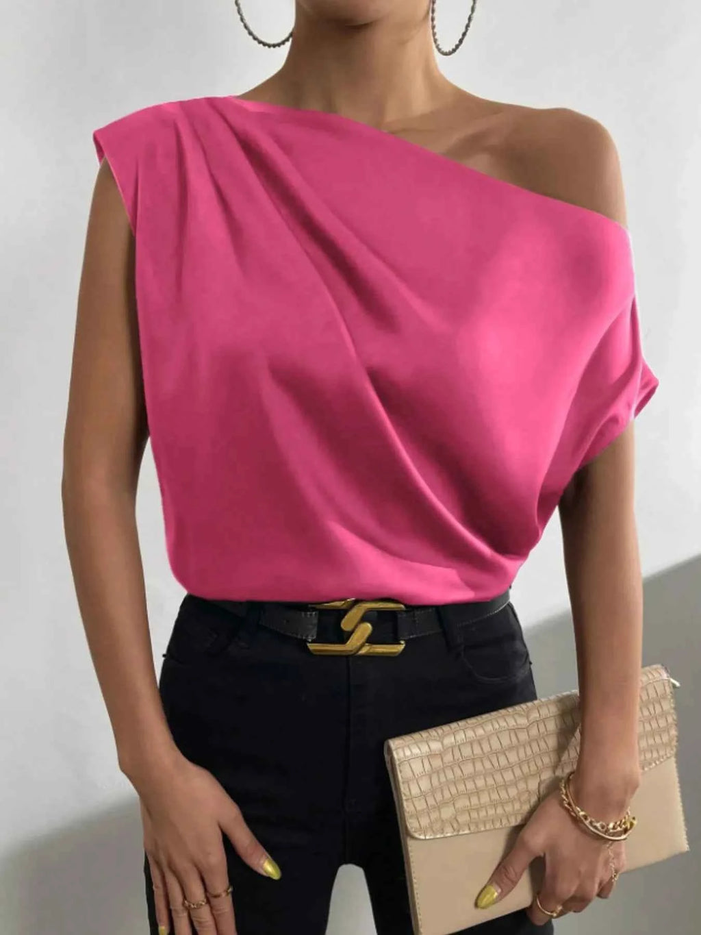 Asymmetrica One-Shoulder Draped Blouse.
