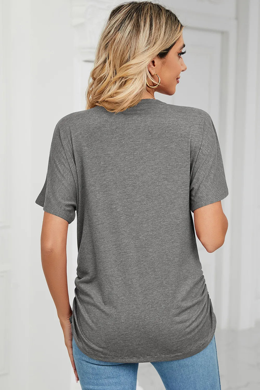 Ruched V-Neck Short Sleeve T-Shirt.