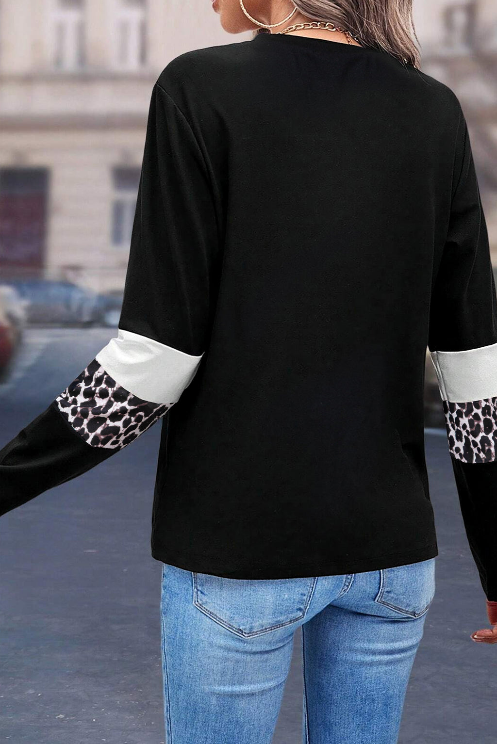 White Leopard Colorblock Patchwork Crew Neck Long Sleeve Tee Dear-Lover Dropshipping