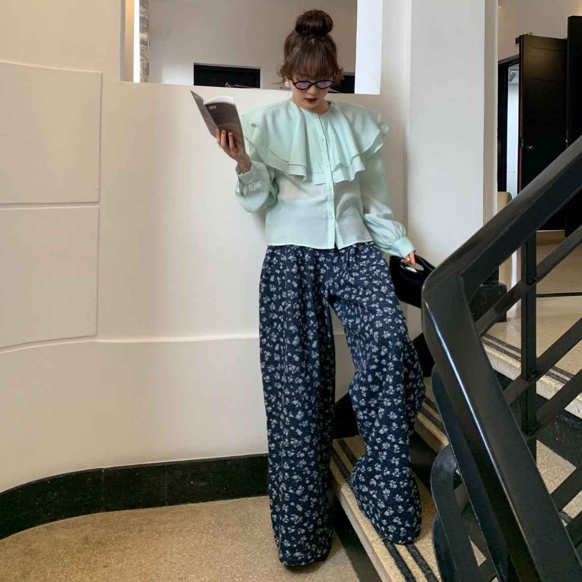 Retro wide leg high waist floral jeans for women