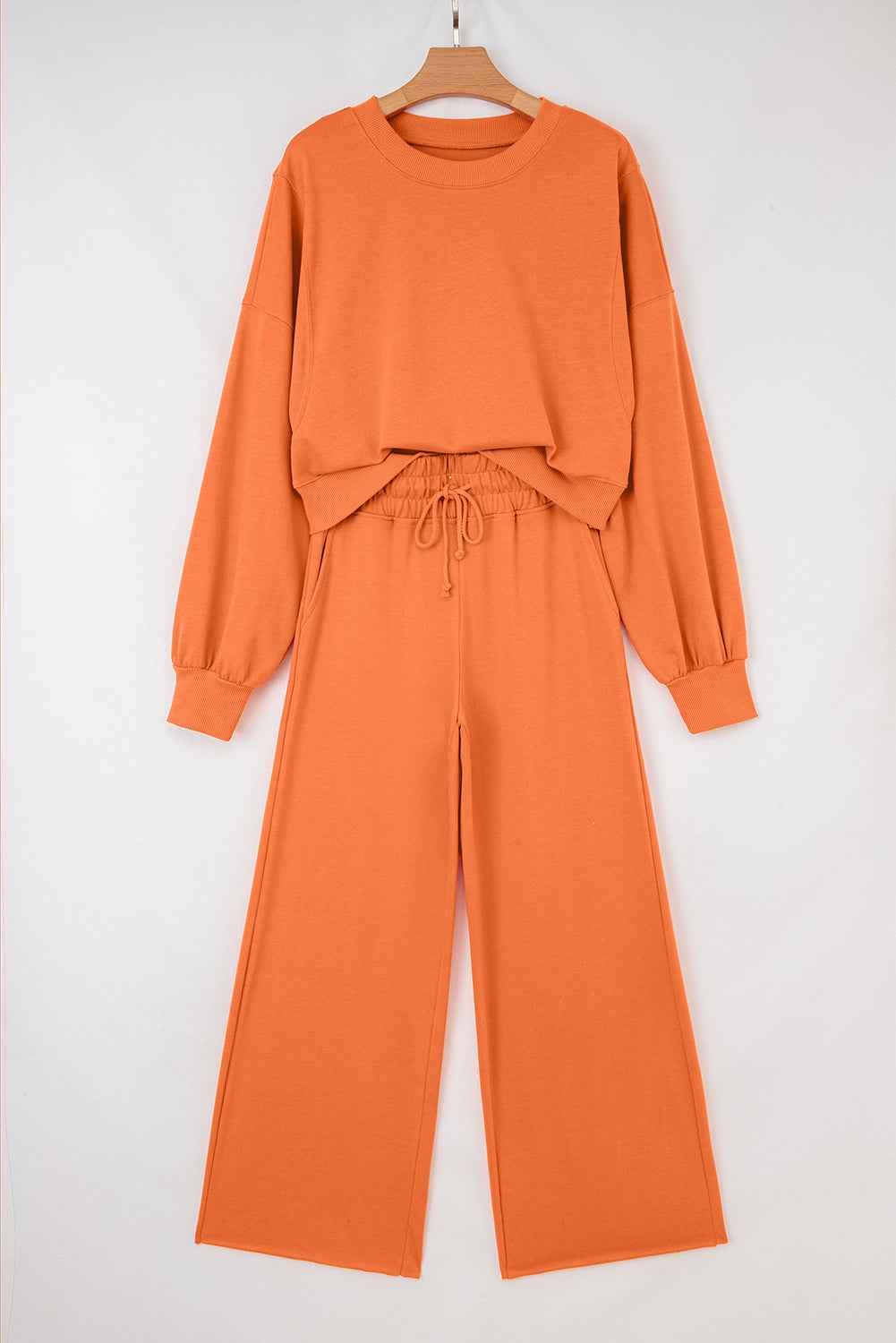 Flamingo Drop Shoulder Puff Sleeve Crop Pullover Drawstring Wide Leg Pants Set