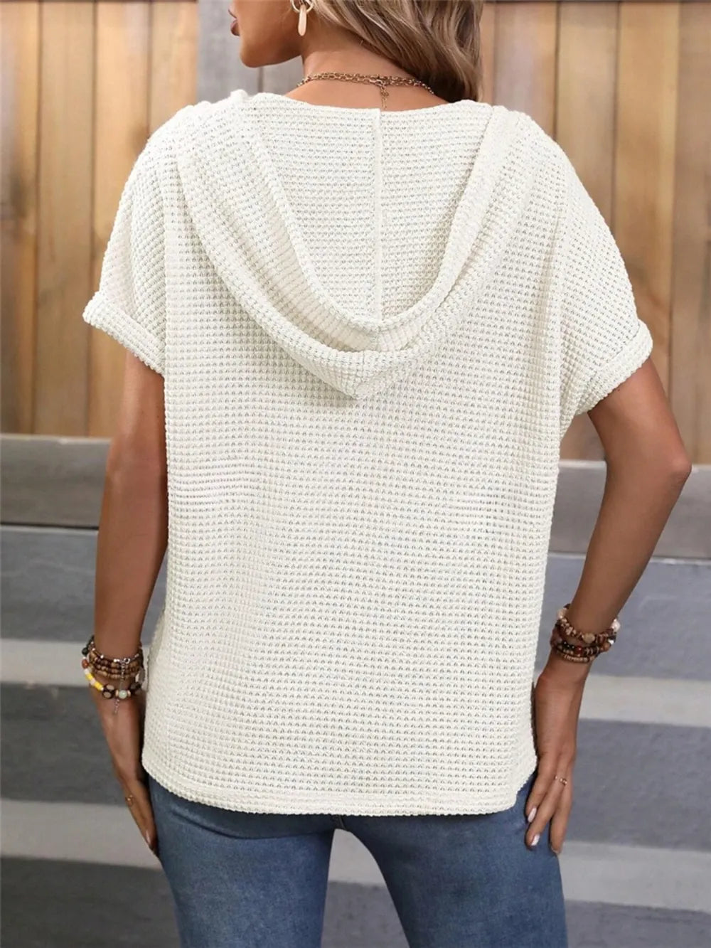 Waffle-Knit Hooded Short Sleeve Top.