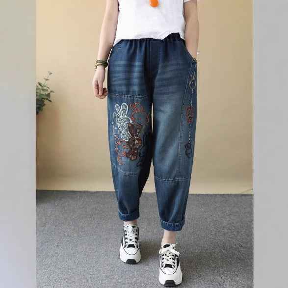 Vintage Cartoon Rabbit Embroidered Denim Pants Women Loose Plus Size Floral Embroidery Nine-Point Calf-Length Wide-Leg Trousers Thin Style