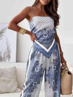 Stretchy Printed Cami Top And Wide Leg Pants Two Piece Set