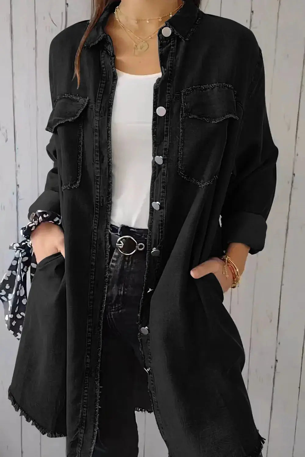 Full Size Pocketed Button Up Long Sleeve Denim Jacket.