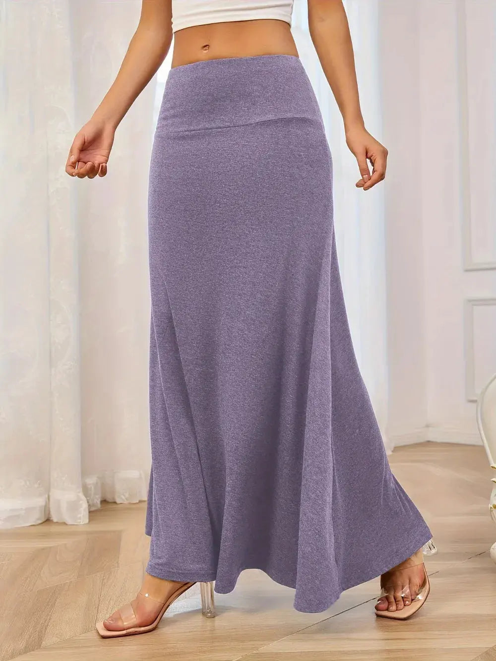 Solid Elastic Waist Maxi Skirt.