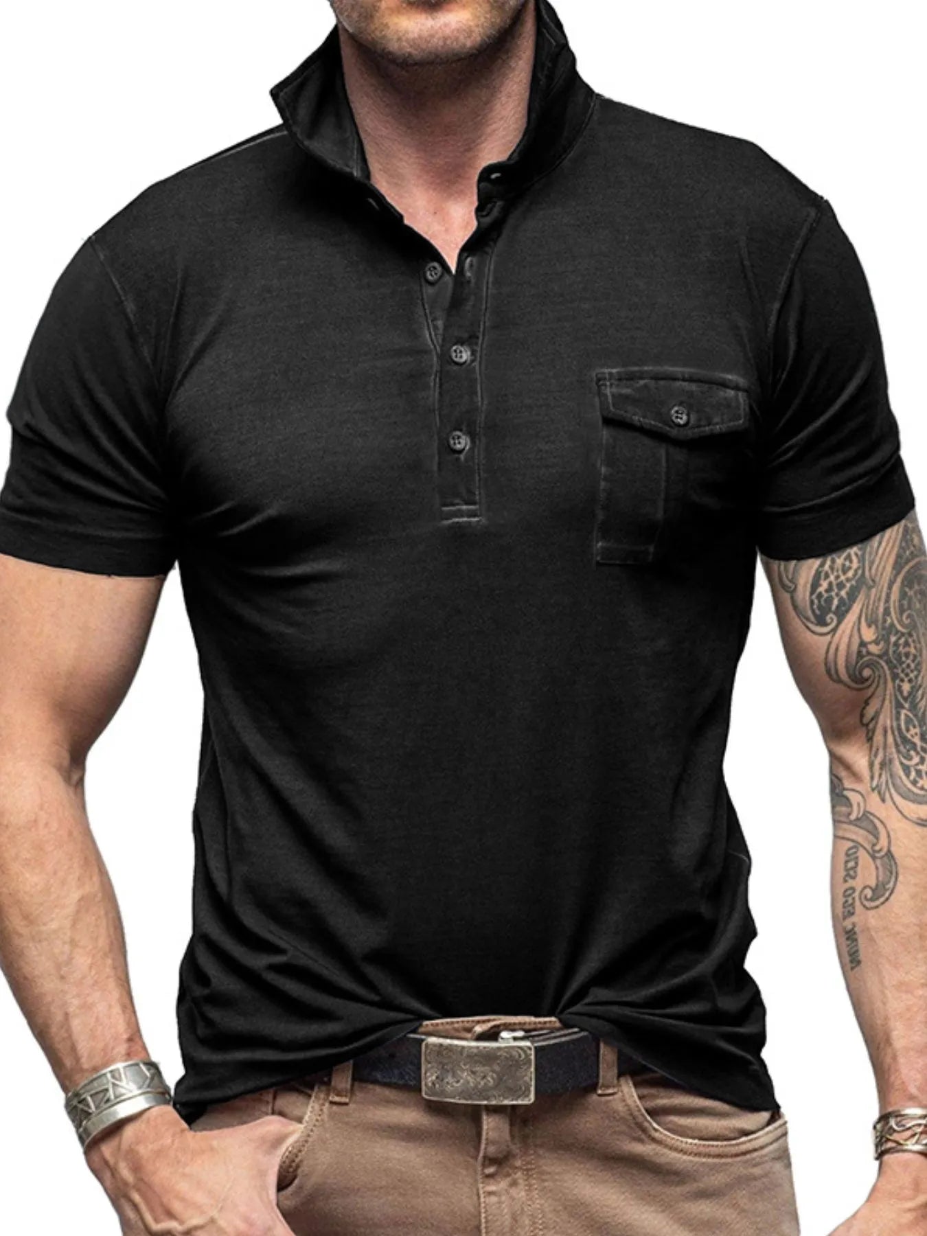Men's Classic Pocket Polo Shirt with Stand Collar.