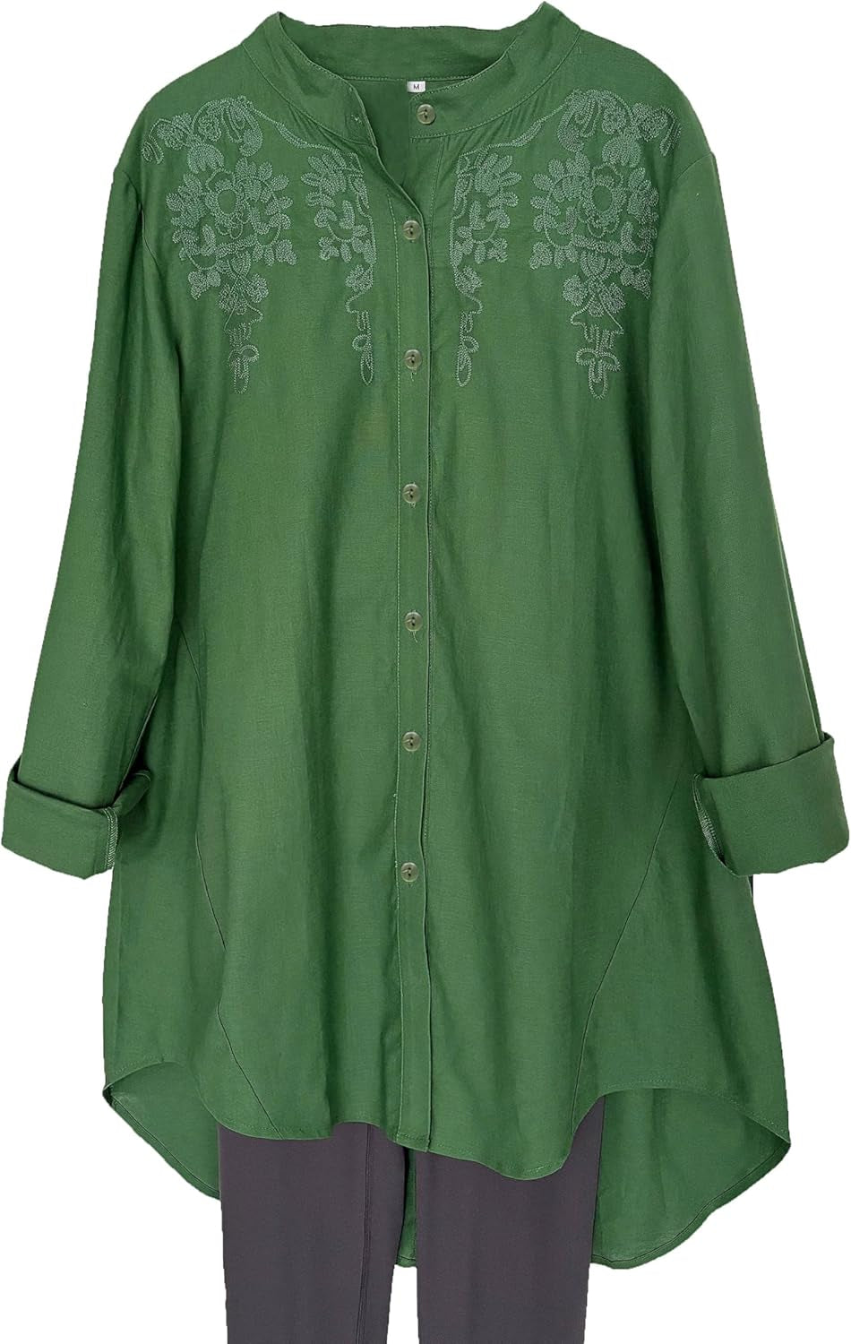 Minibee Women'S Cotton Linen Shirt High Low Button down Embroidered Blouse Long Sleeve Tunic Tops