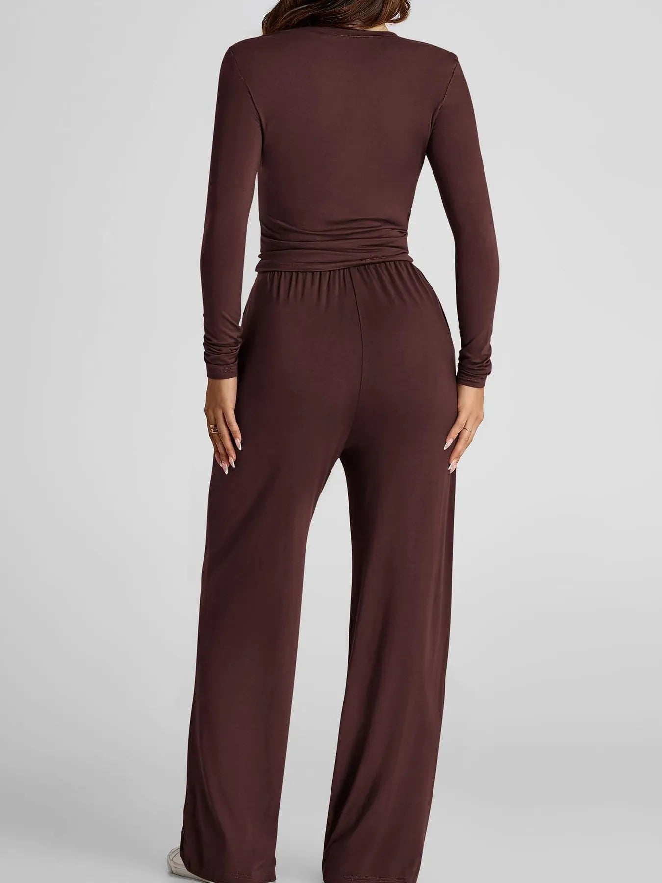 Round Neck Long Sleeve Top and Pants Set.