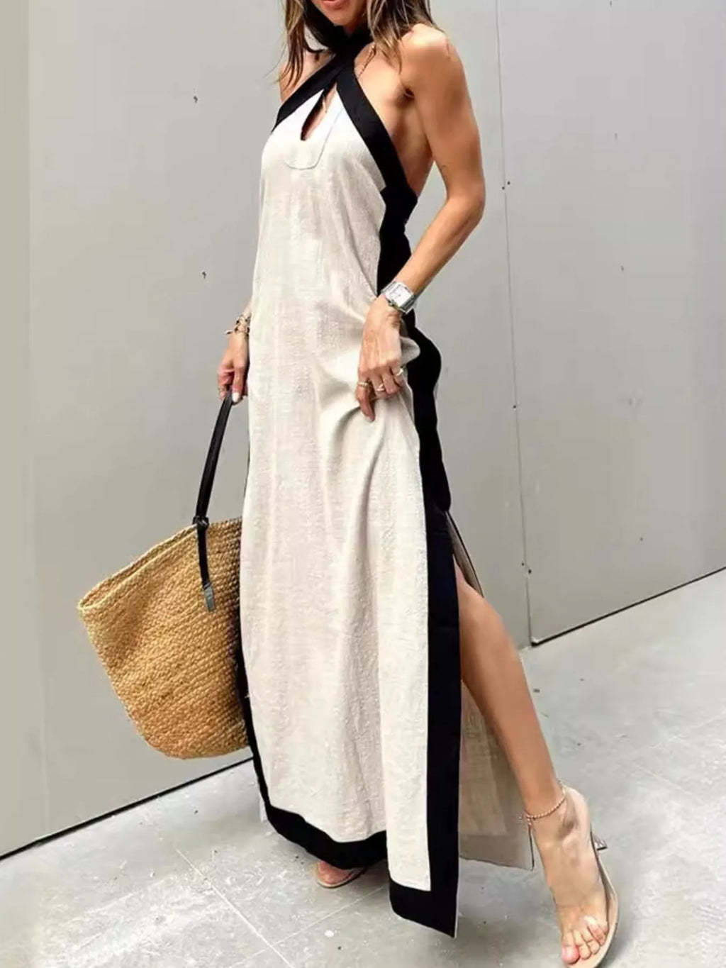 Contrast Halter Sleeveless Maxi Dress.