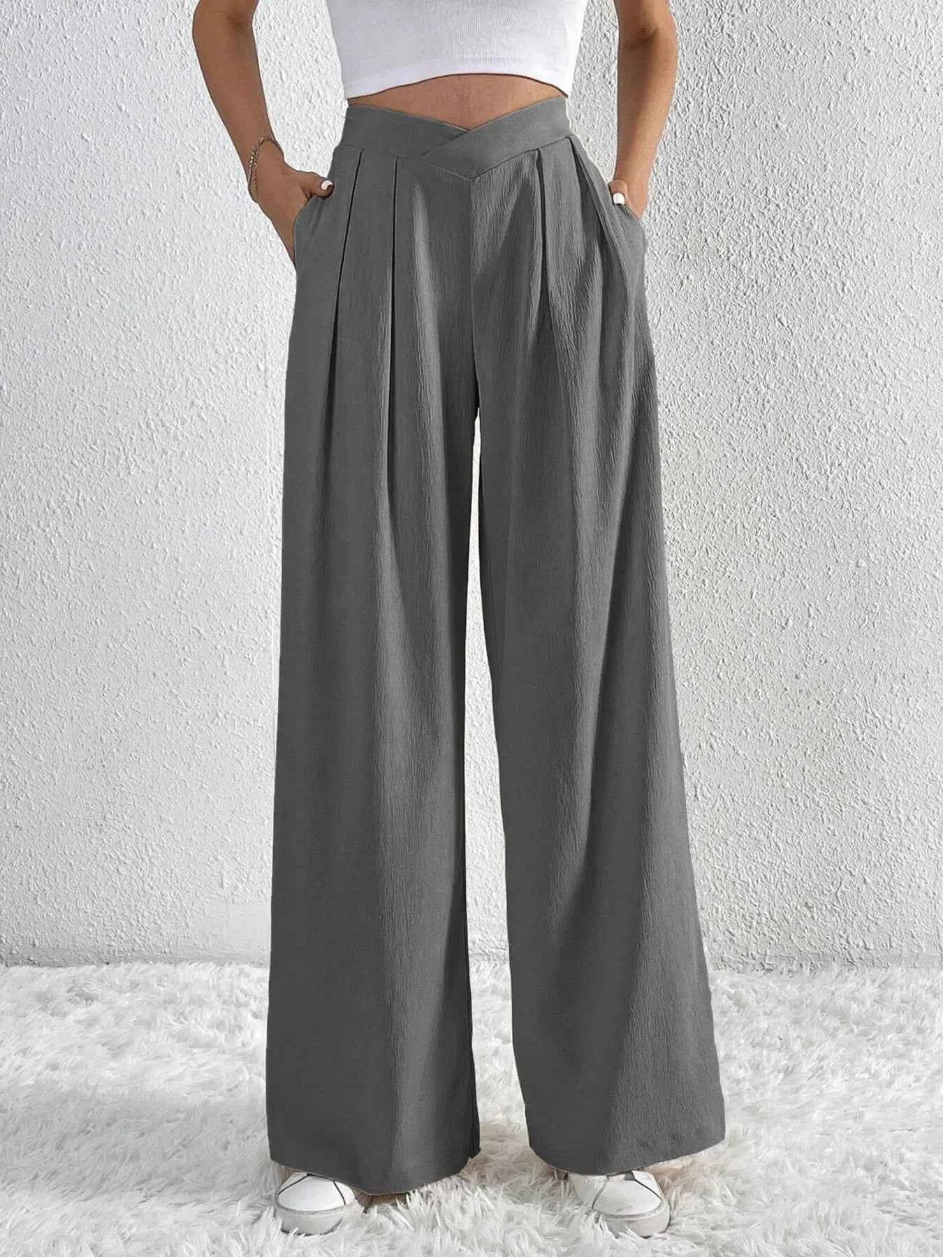 V-Waisted Ruched Front Wide Leg Pants.