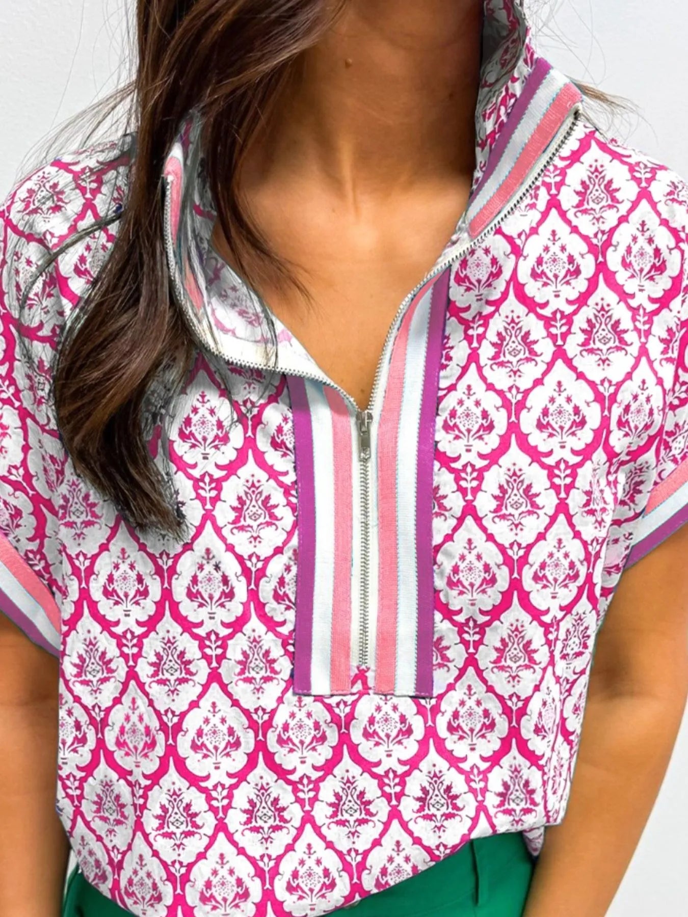 Printed Half Zip Short Sleeve Blouse.