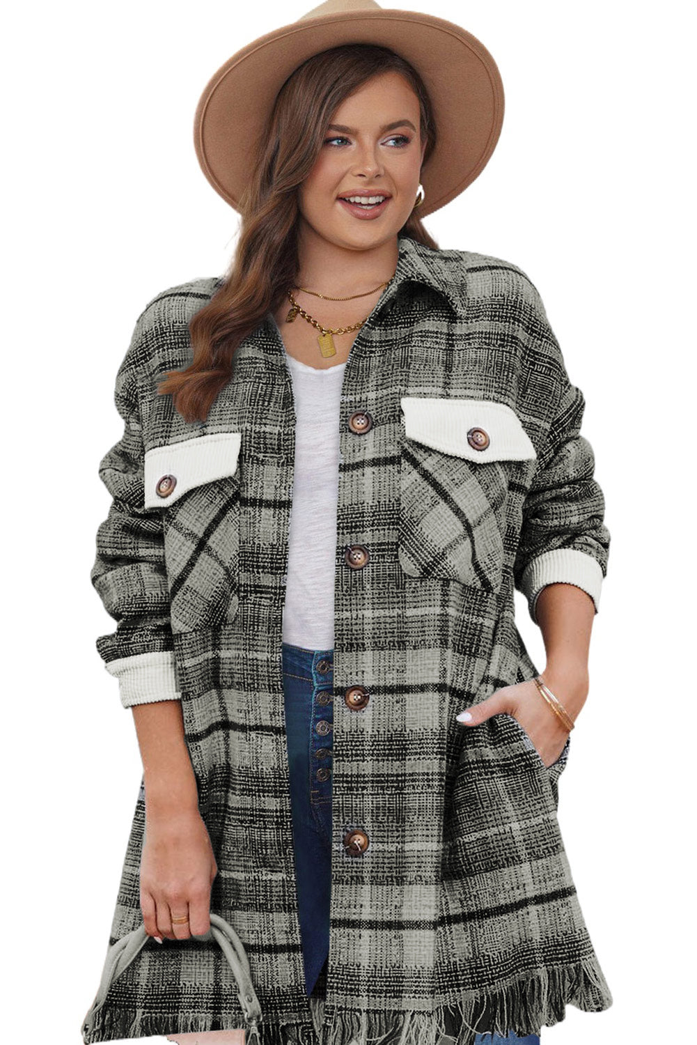 Black Plus Size Macrame Plaid Coat