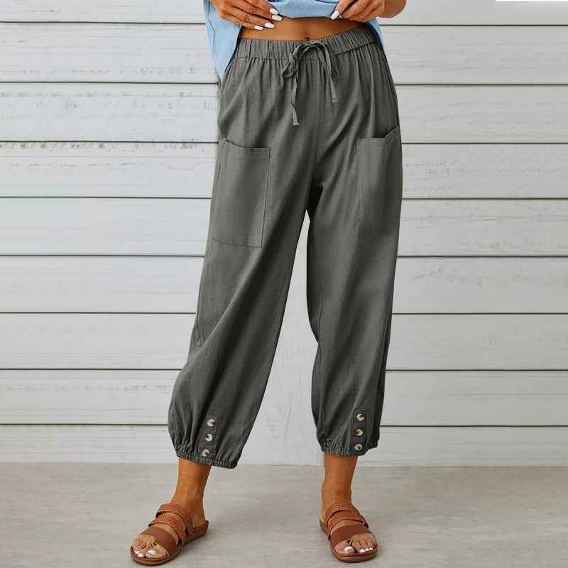High Waist Cotton Linen Wide Leg Nine Point Pants For Women