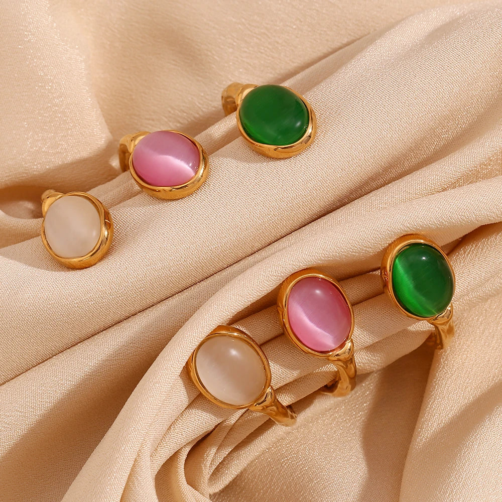 Oval Natural Stone Open Irregular Green Agate Pink Crystal Bracelet 18K Gold Plated 316L Stainless Steel Bracelets for Women eprolo