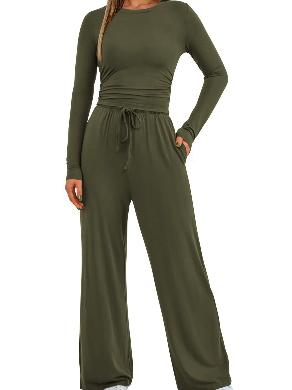 Round Neck Long Sleeve Top and Pants Set.