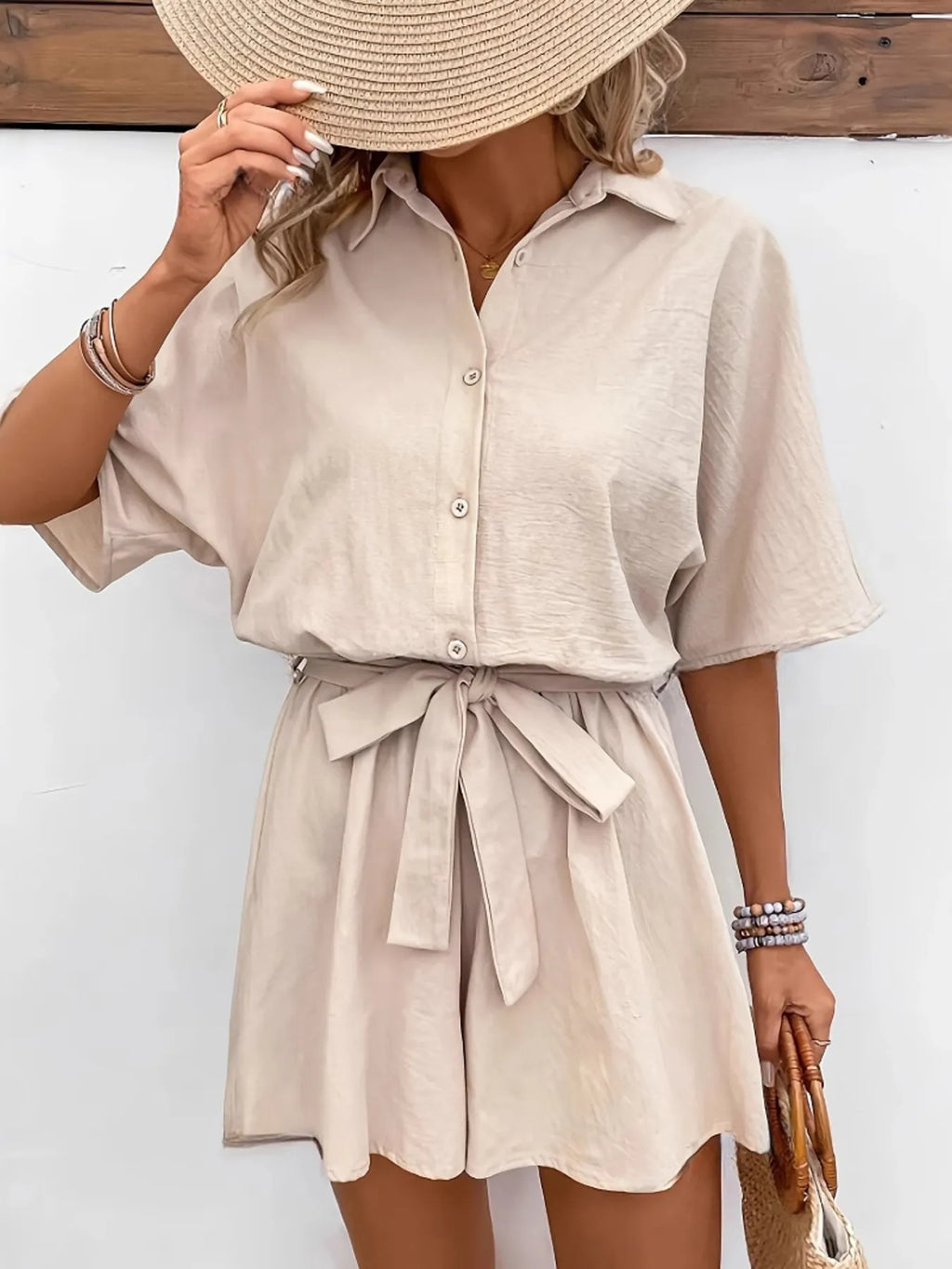Button Front Tie Waist Romper.