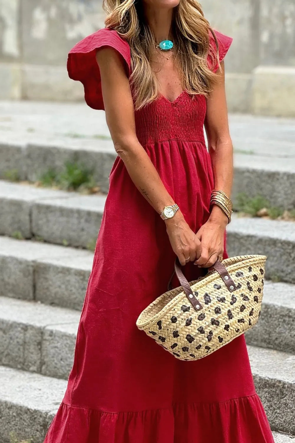 Smocked Tiered Cap Sleeve Maxi Dress.