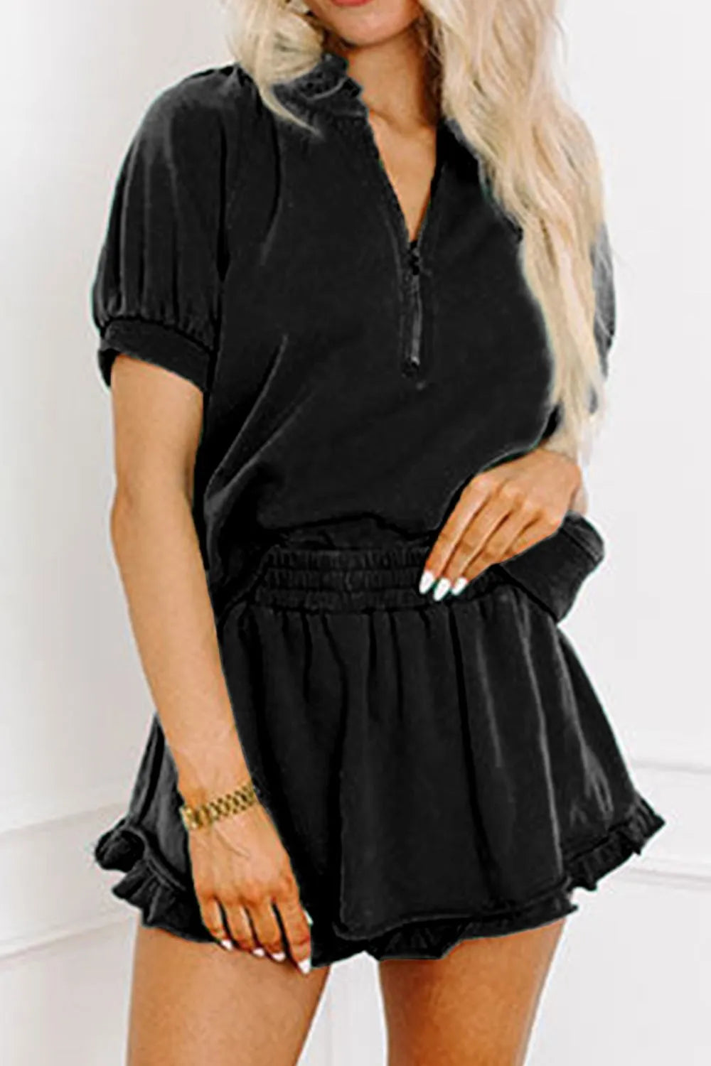 Frill Zip Front Puff Sleeve Top and Skort Set.