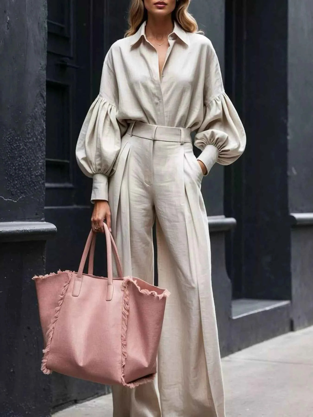 Lantern Sleeve Shirt and Wide Leg Pants Set