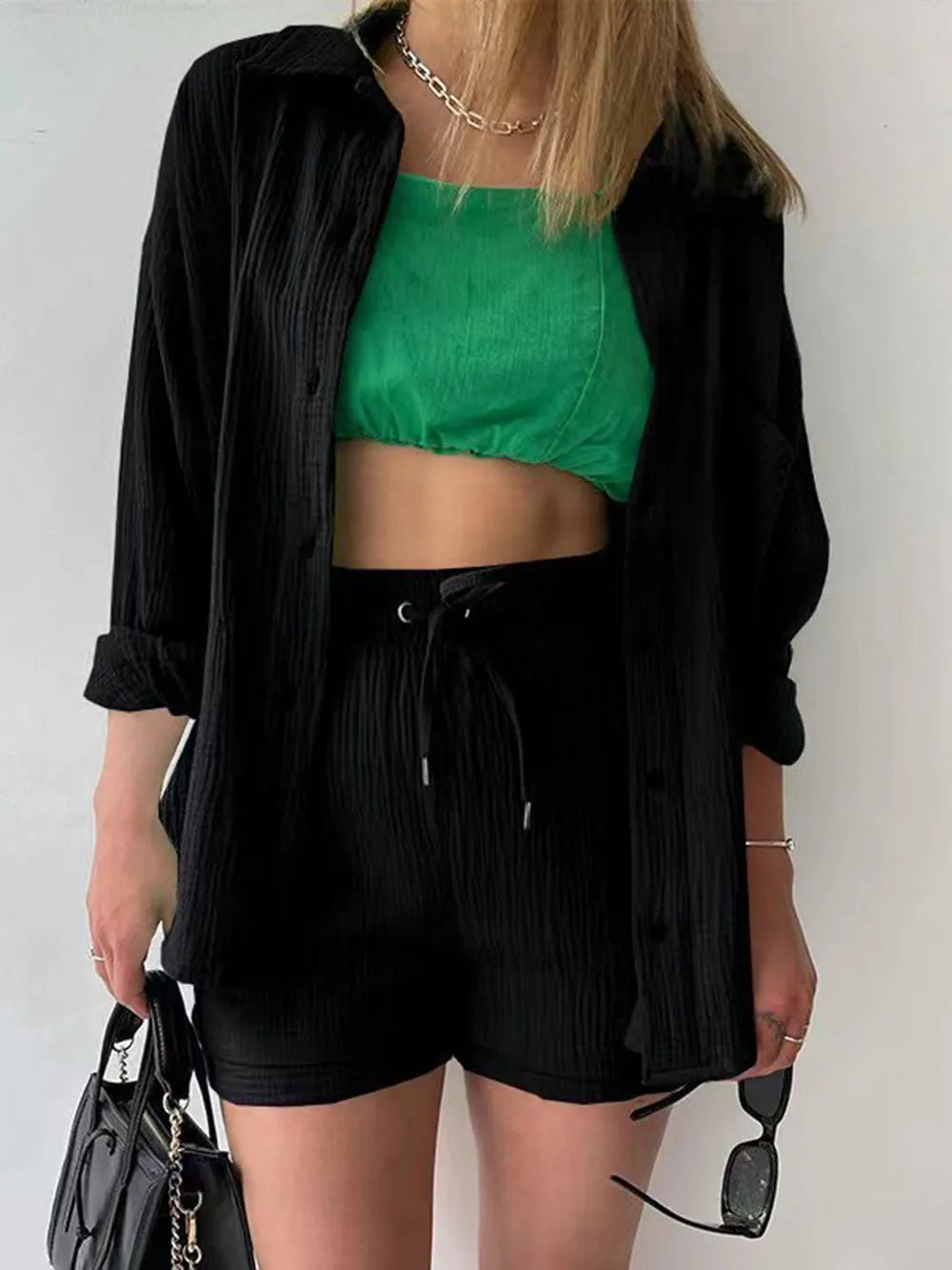 Texture Button Up Shirt and Drawstring Shorts Set - CHIC TB