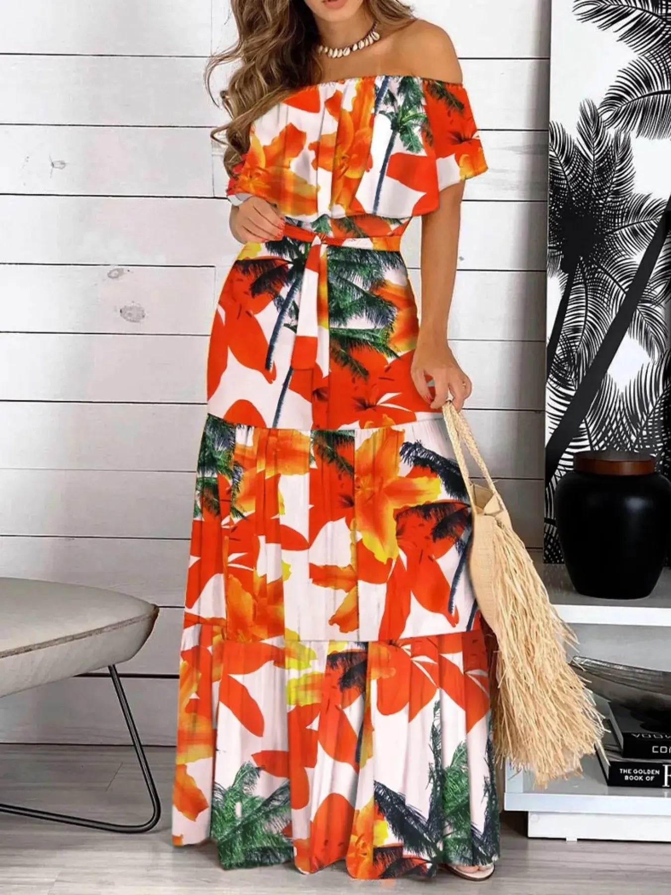 Printed Off Shoulder Maxi Dress.