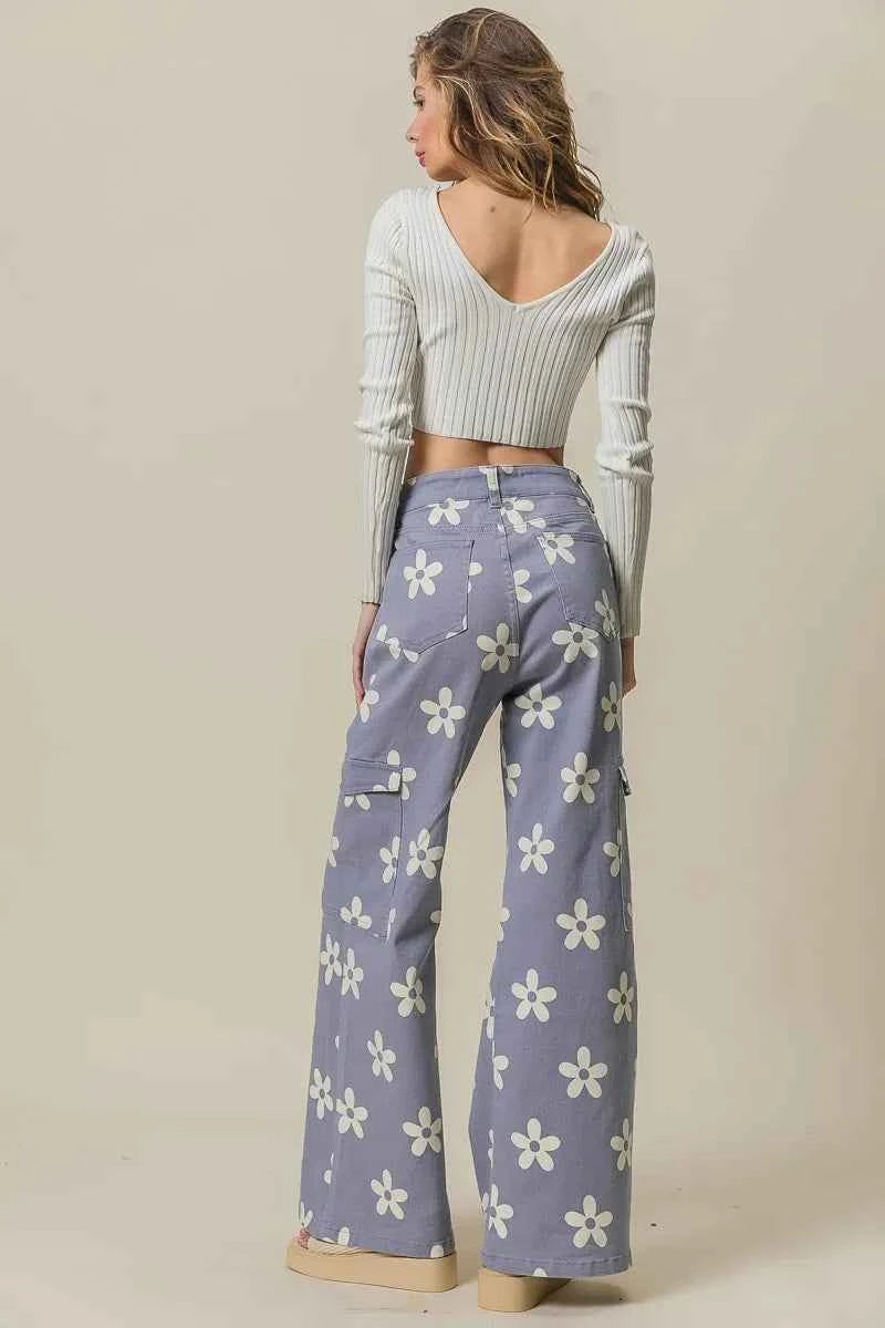 BiBi Flower Printed Side Pocket Wide Pants