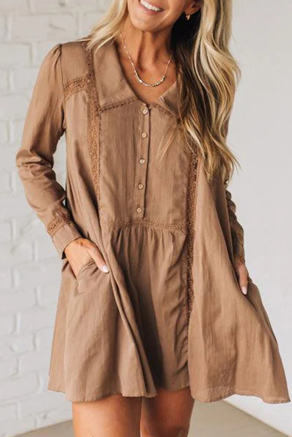 Straw Yellow Lace Trim Peter Pan Collar Long Sleeve Mini Shirt Dress Dear-Lover Dropshipping