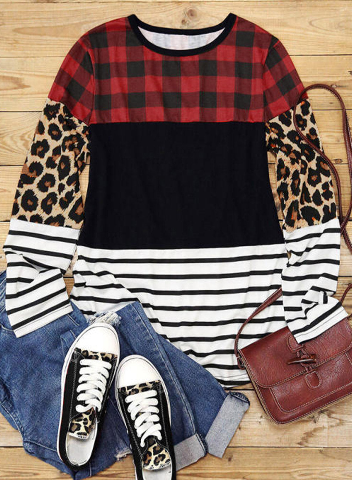 Plaid Print Leopard Splicing Striped Color Block Long Sleeve Top Dear-Lover Dropshipping