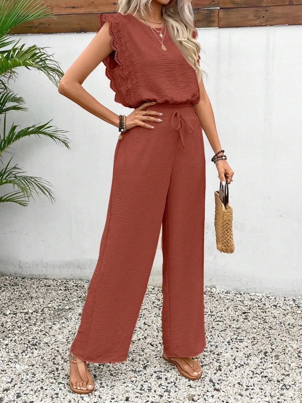 Lace Trim Round Neck Top and Pants Set - CHIC TB