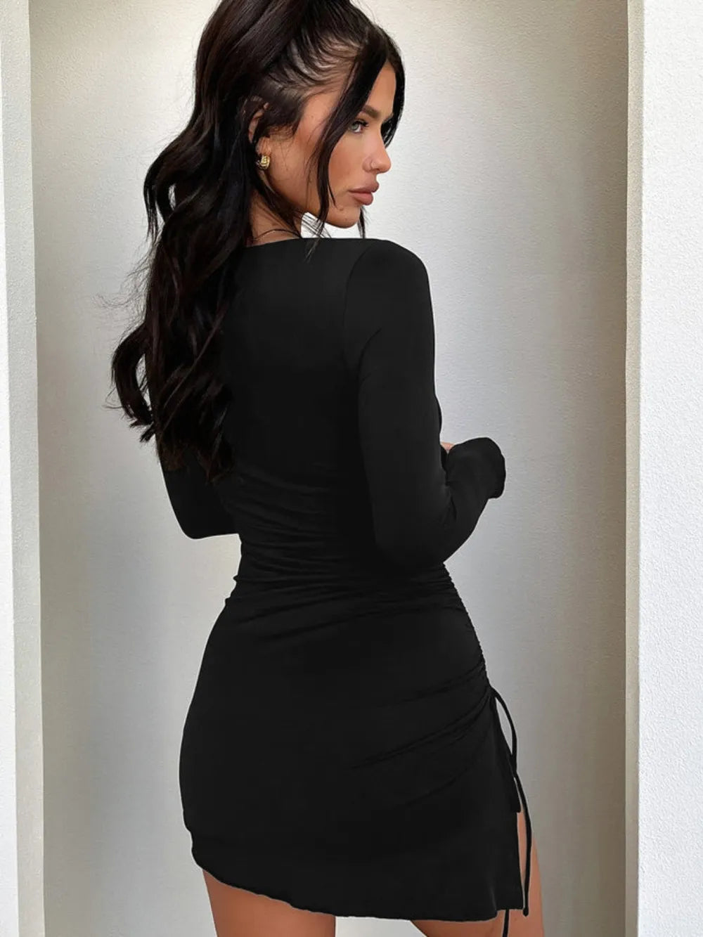 Side Drawstring Round Neck Long Sleeve Dress.