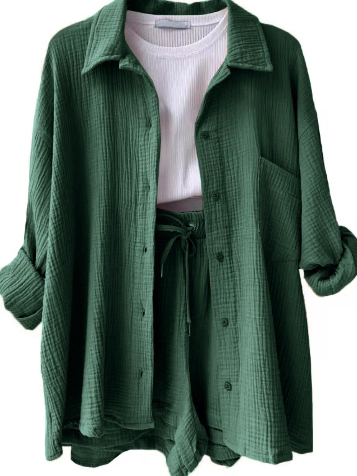 Textured Button Up Shirt and Shorts Set.