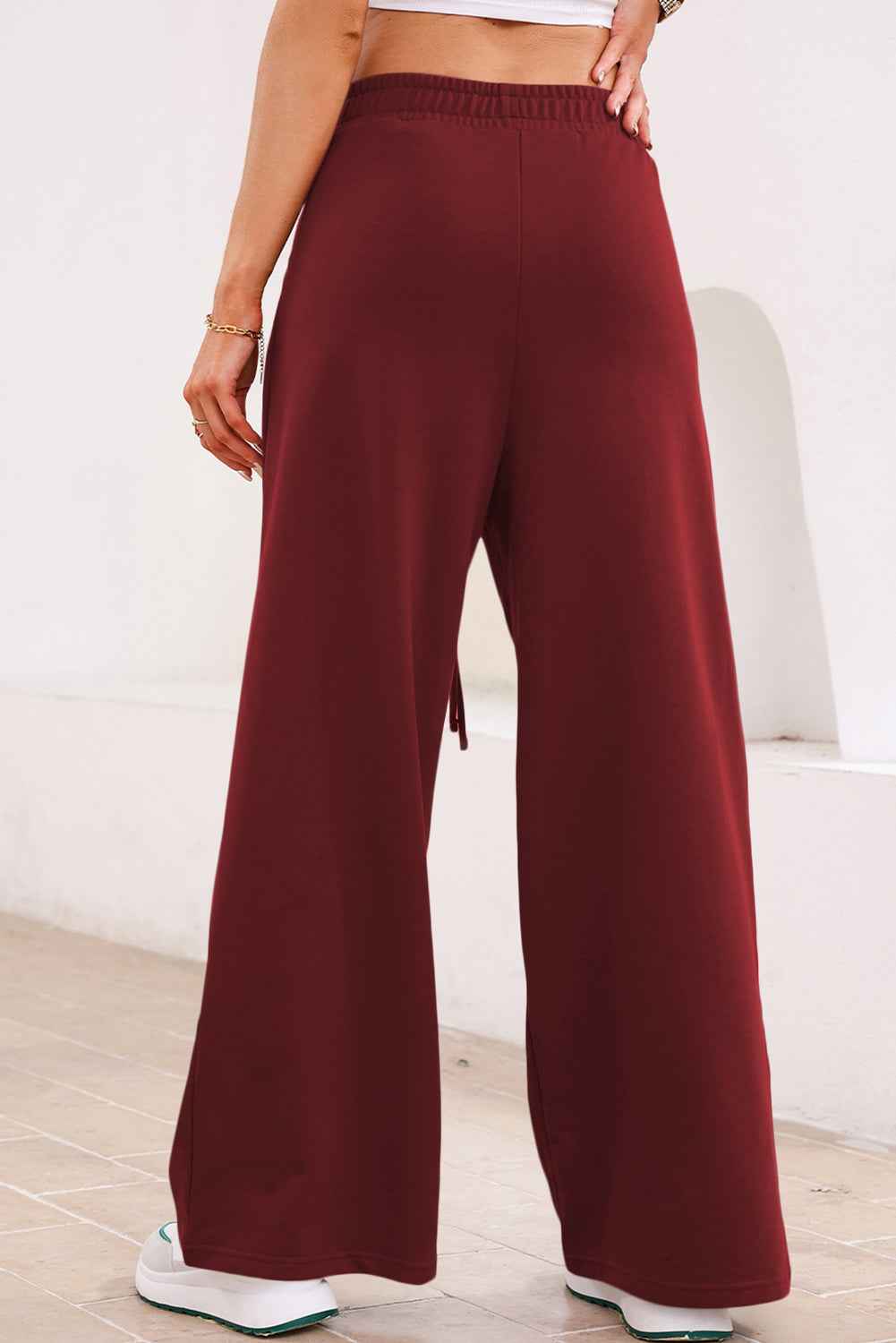 Burgundy Tied Elastic High Waist Pleated Detail Solid Sweatpants