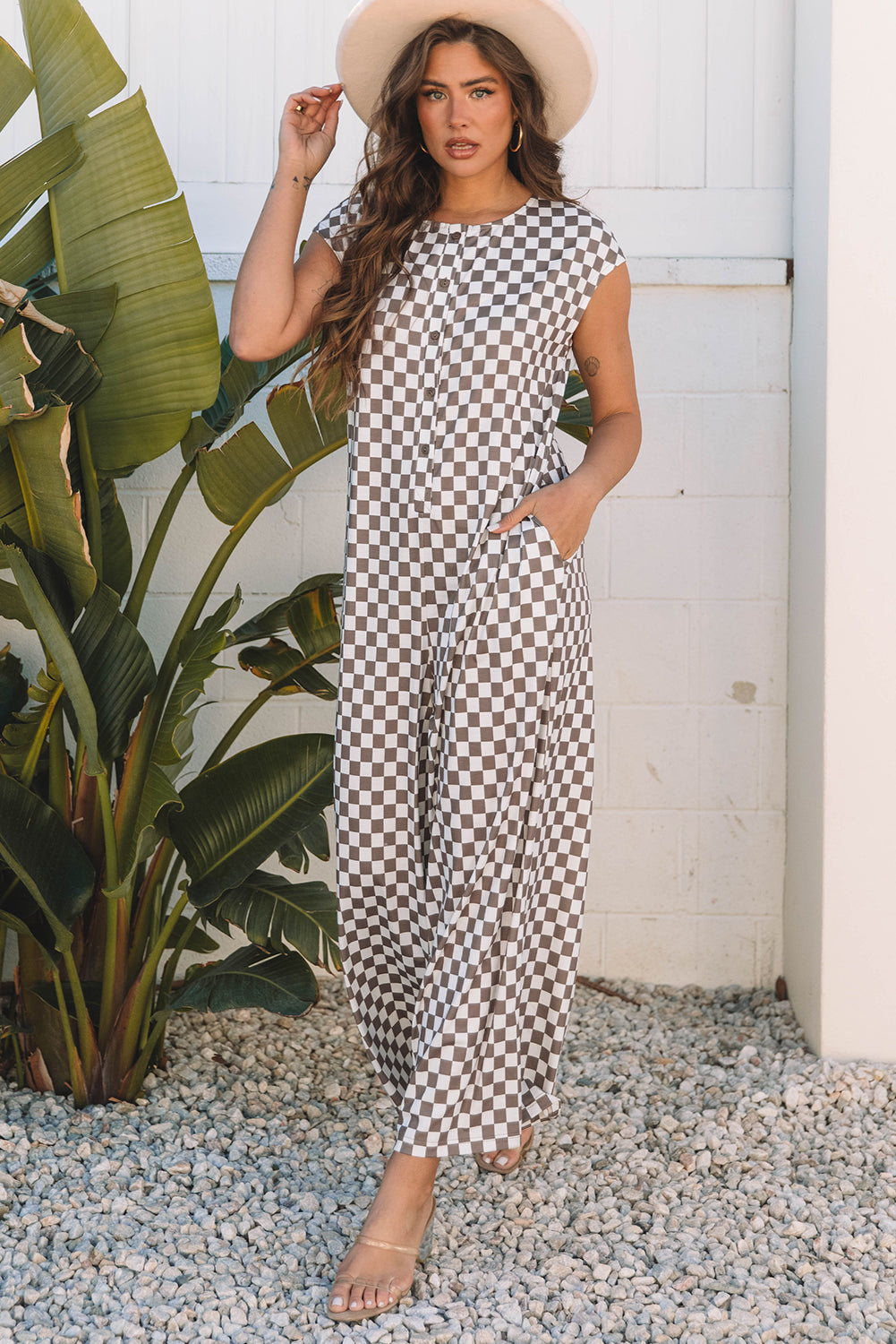 Khaki Checkered Print Buttoned Crew Neck Wide Leg Jumpsuit Dear-Lover Dropshipping