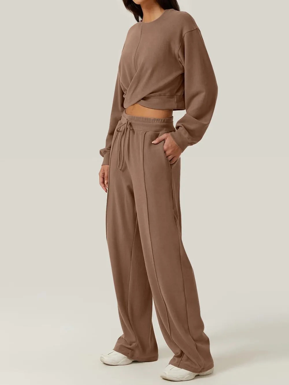 Crisscross Round Neck Top and Drawstring Pants Set.