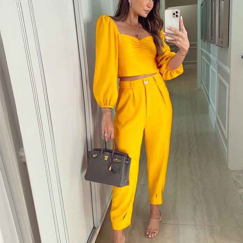 New Autumn And Winter Square Collar Slim Short Top Loose Solid Color Casual Trousers Two-Piece Set For Women