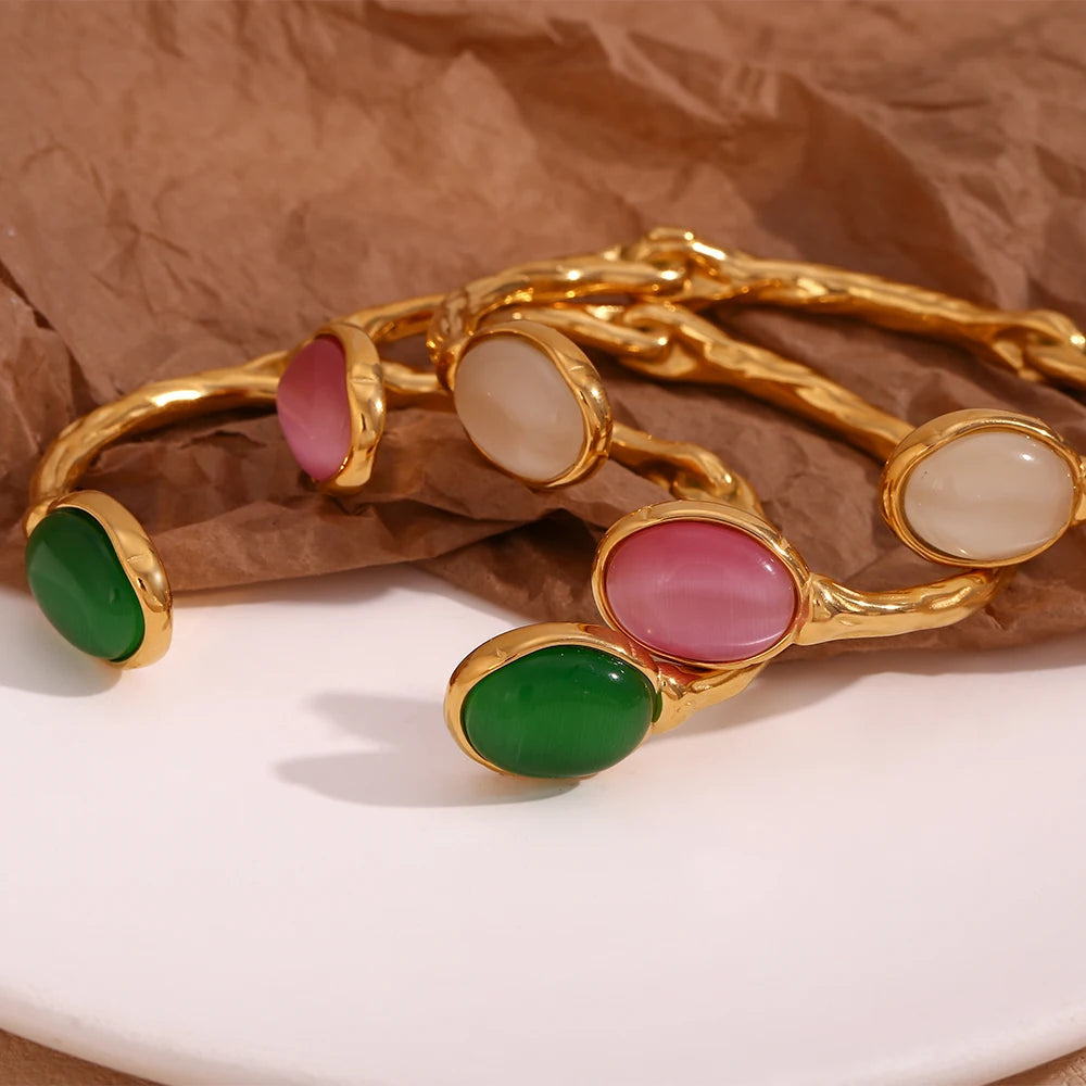 Oval Natural Stone Open Irregular Green Agate Pink Crystal Bracelet 18K Gold Plated 316L Stainless Steel Bracelets for Women eprolo