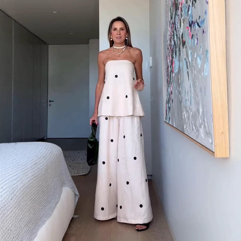Fashionable Polka Dot Two-Piece Set with Strapless Top and Long Pants Casual Outfit