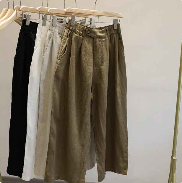 Summer New Loose Linen Casual Pants for Women Pear-shaped Figure Loose Slim Wide-leg Nine-point Pants