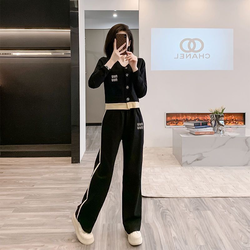Color Block Open Cardigan Wide Leg Pants Two-Piece Set for Women