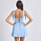 Square collar high waisted pleated patchwork bow suspender dress