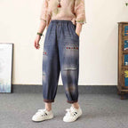 Plain Simple Versatile Denim Pants for Women Loose Plus Size Cuffed Ankle-Length Harem Trousers Popular Summer Pants