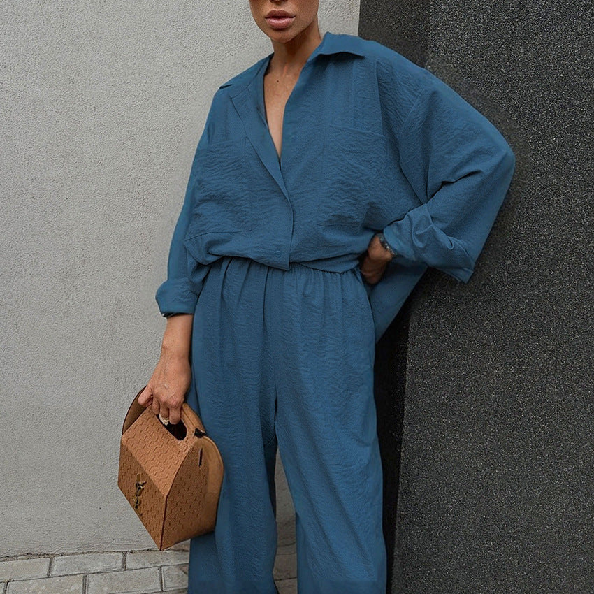Lapel Long Sleeve Shirt Wide Leg Pants Set Design Sense Temperament Casual Two-Piece Suit