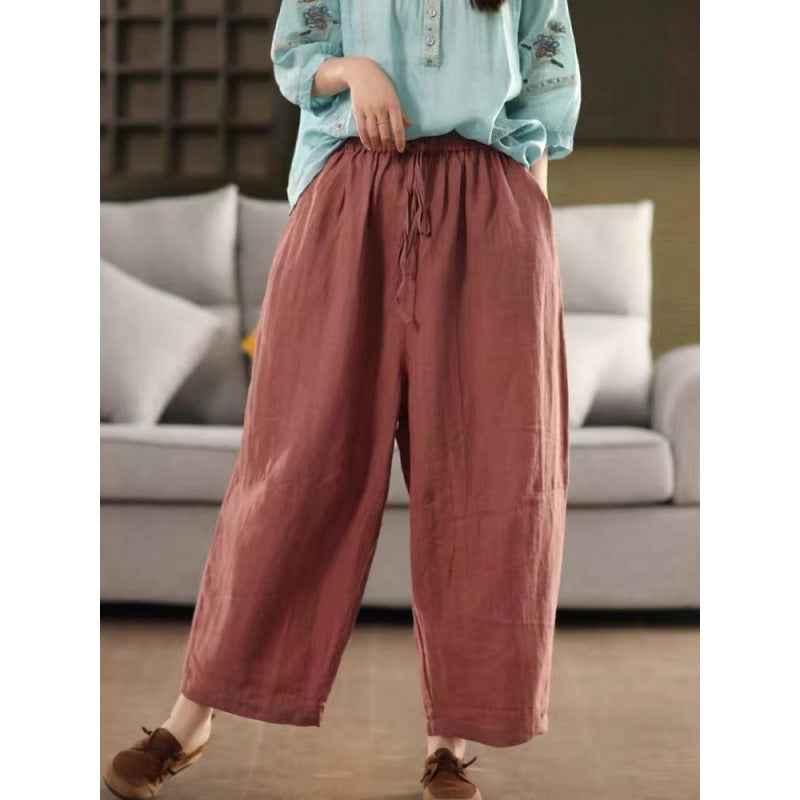 Cotton Wide-Leg Pants Women Elastic Waist Slimming Trousers Casual Wide Leg Pants Ankle-Length Pants