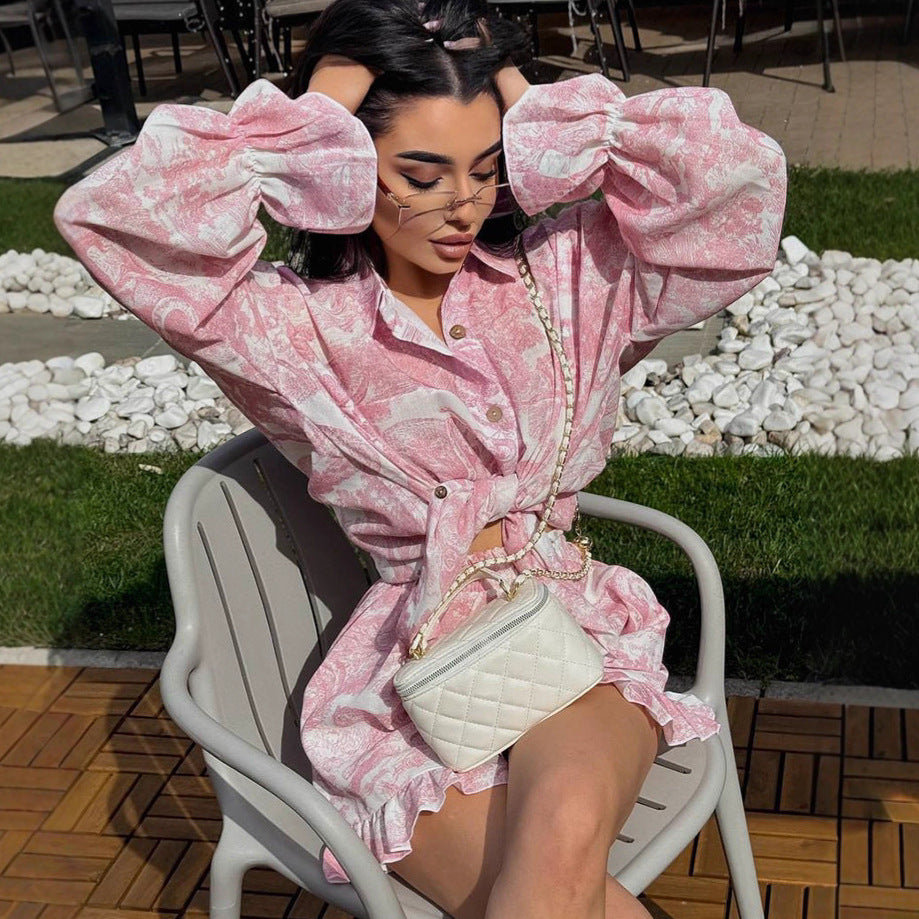 Women's Comfortable Casual Ruffle Hem Printed Notched Collar Long Sleeve Shorts Two-Piece Set