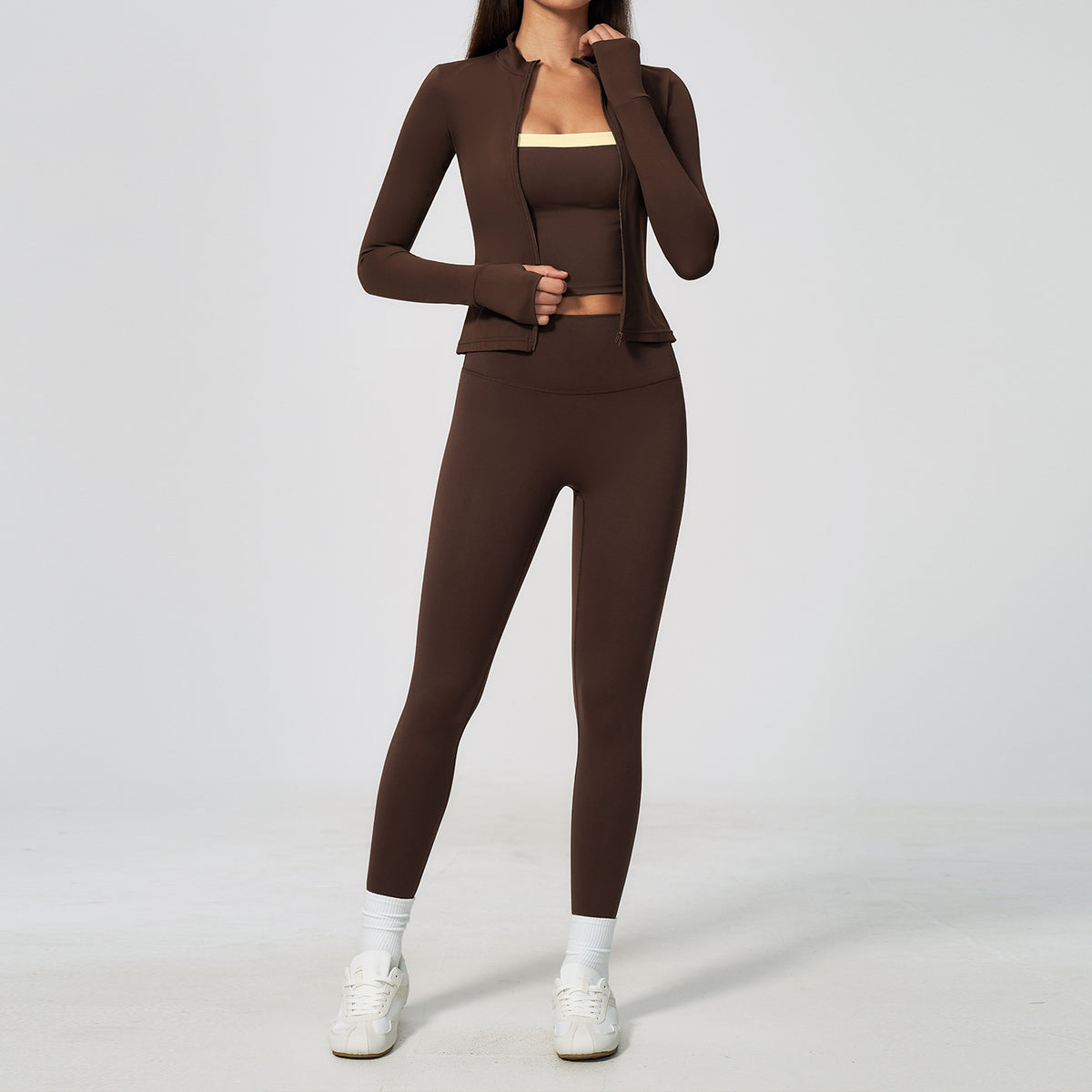 Fitness Wear Set Women's Slim Fit Quick-Dry Breathable 3-Piece Workout Outfit Open Front Yoga Suit