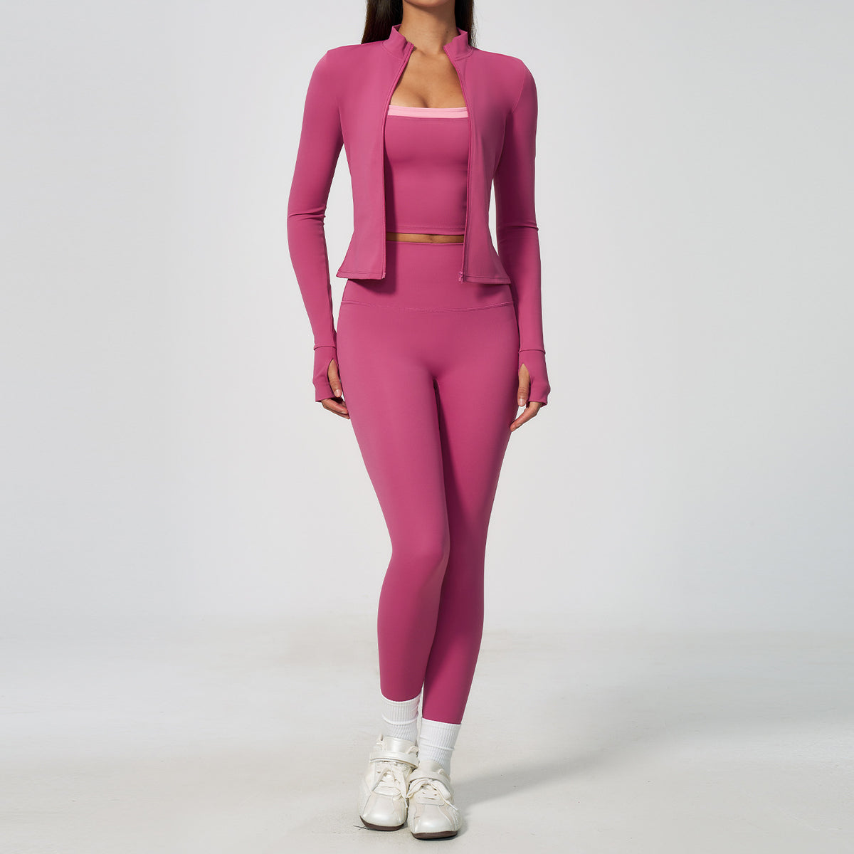 Fitness Wear Set Women's Slim Fit Quick-Dry Breathable 3-Piece Workout Outfit Open Front Yoga Suit
