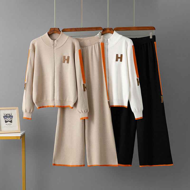 Round neck zipper top loose sports pants two-piece set